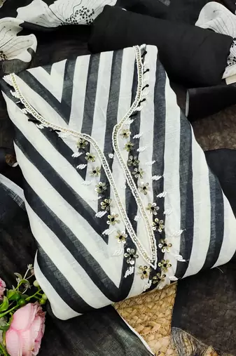 black floral print linen cotton unstitched dress material 