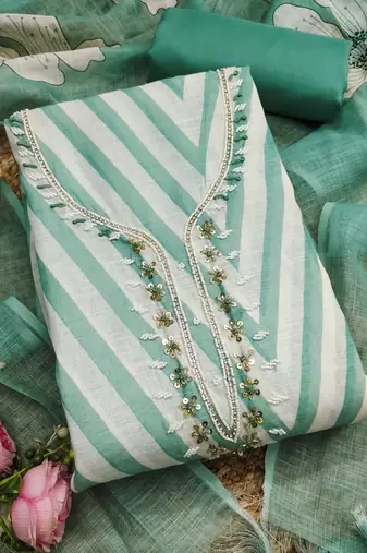green floral print linen cotton unstitched dress material 