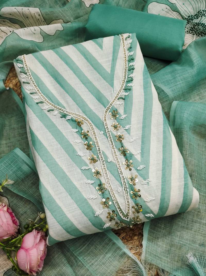 green floral print linen cotton unstitched dress material 