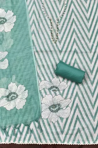 green floral print linen cotton unstitched dress material 
