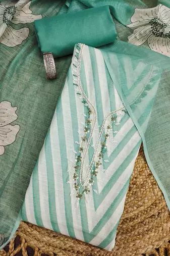 green floral print linen cotton unstitched dress material 