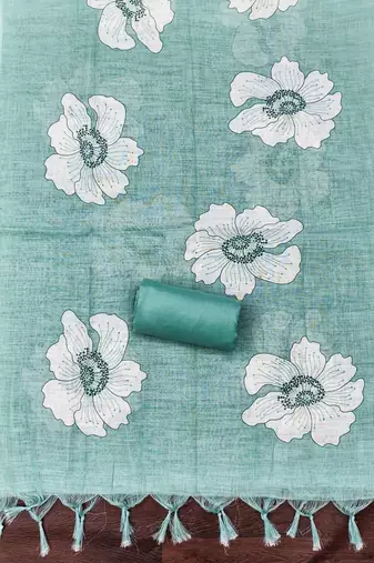 green floral print linen cotton unstitched dress material 