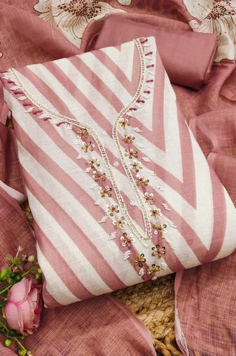 peach floral print linen cotton unstitched dress material 