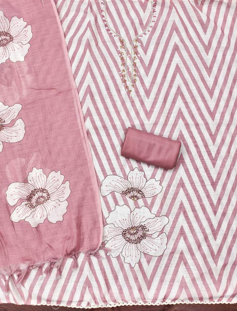 peach floral print linen cotton unstitched dress material 