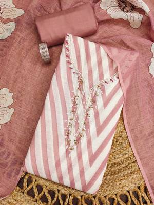 peach floral print linen cotton unstitched dress material  3