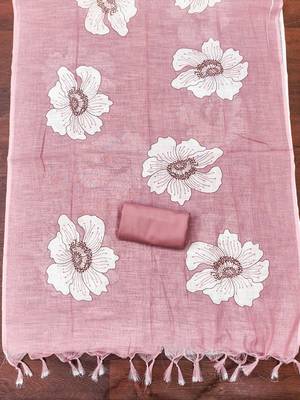 peach floral print linen cotton unstitched dress material  4