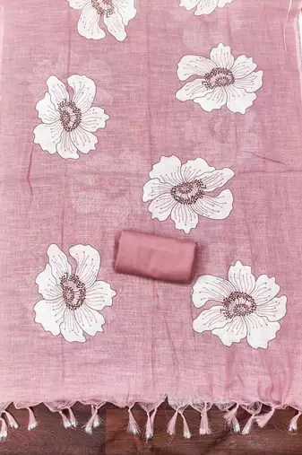 peach floral print linen cotton unstitched dress material 