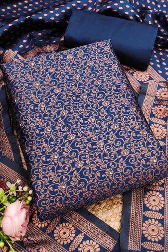 navy blue weaved jacquard silk unstitched dress material 