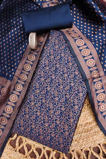 navy blue weaved jacquard silk unstitched dress material 