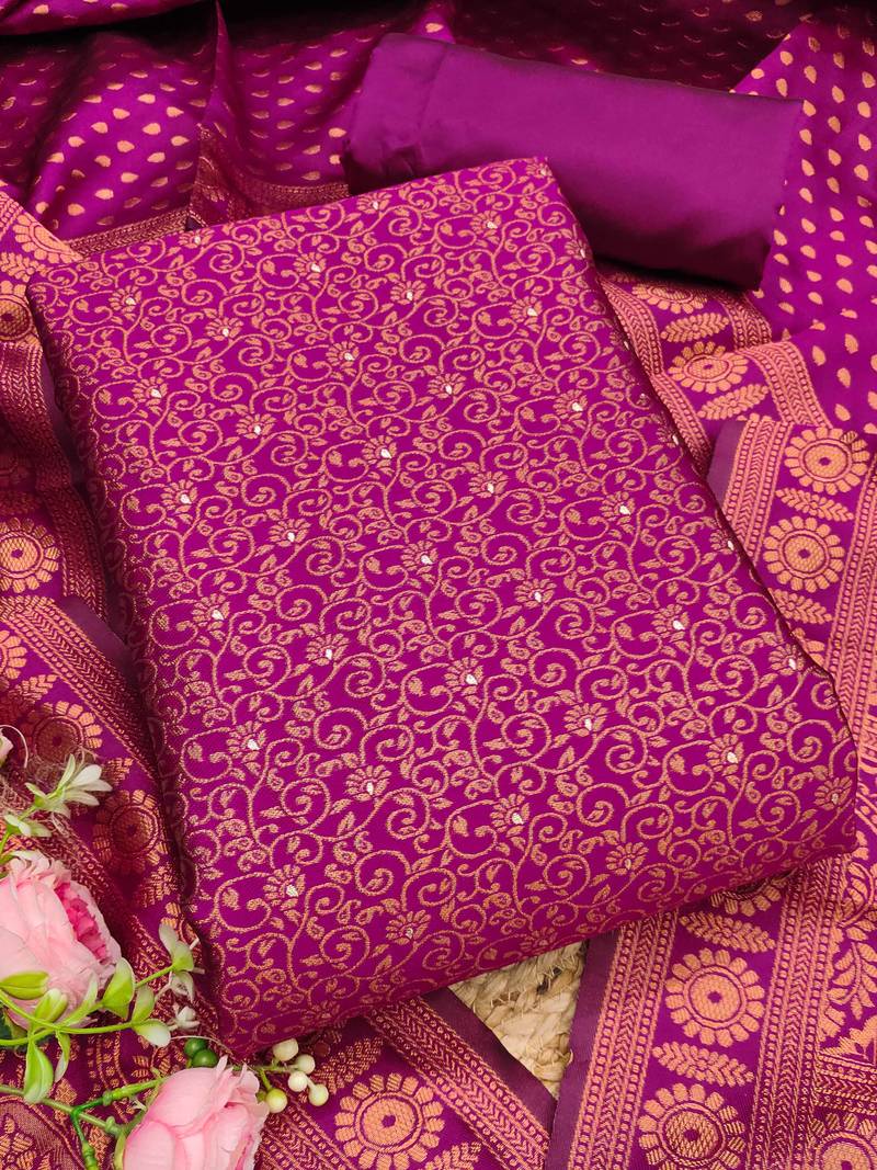 magenta weaved jacquard silk unstitched dress material 