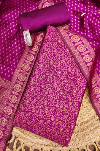 magenta weaved jacquard silk unstitched dress material 