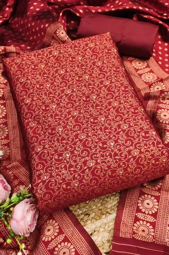 red weaved jacquard silk unstitched dress material 