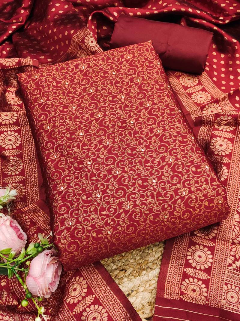 red weaved jacquard silk unstitched dress material 