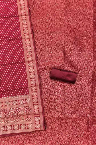 red weaved jacquard silk unstitched dress material 