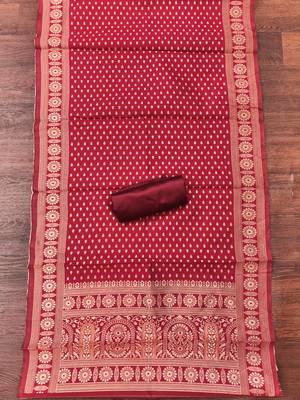 red weaved jacquard silk unstitched dress material  4