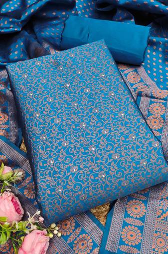 teal weaved jacquard silk unstitched dress material 