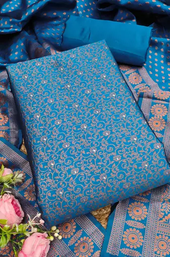 teal weaved jacquard silk unstitched dress material 