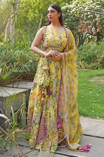 Yellow Embroidered Organza Silk Lehenga Set