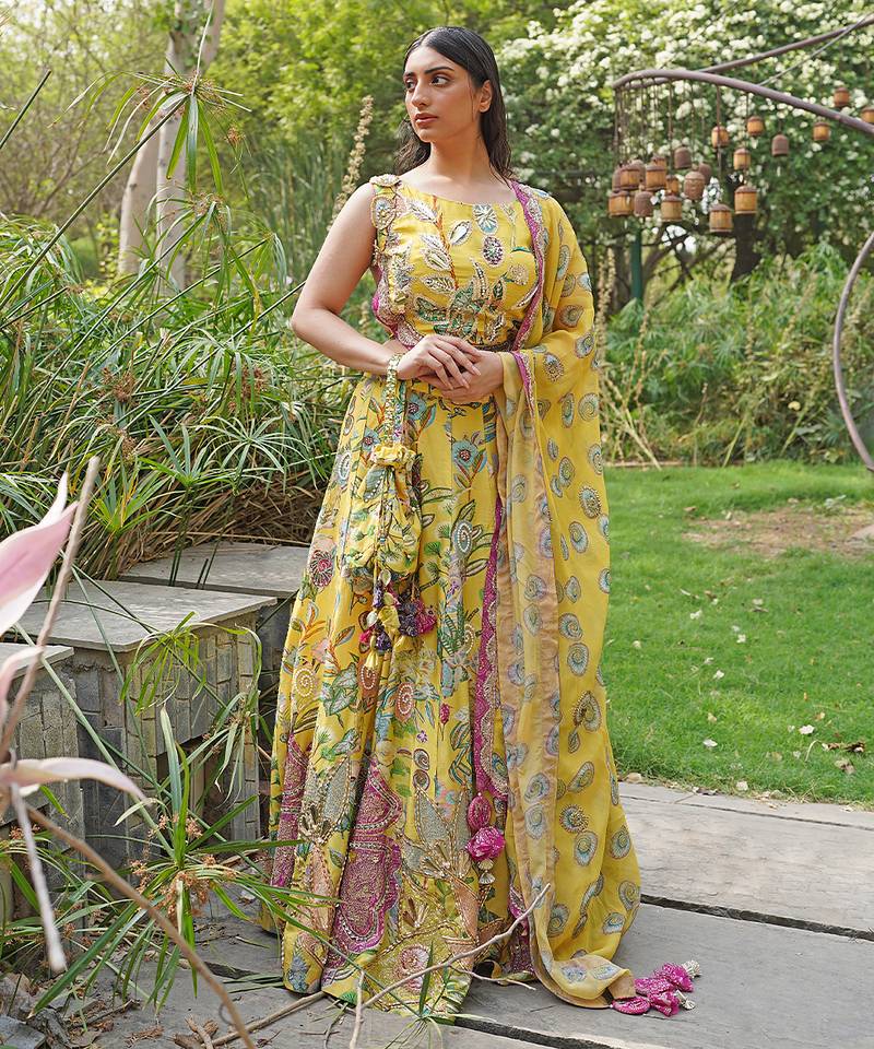 Yellow Embroidered Organza Silk Lehenga Set