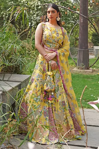 Yellow Embroidered Organza Silk Lehenga Set
