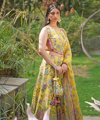 Yellow Embroidered Organza Silk Lehenga Set 4