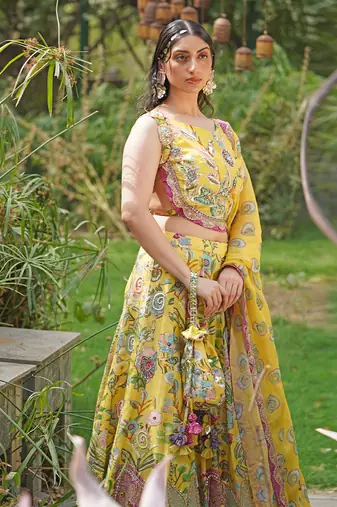 Yellow Embroidered Organza Silk Lehenga Set