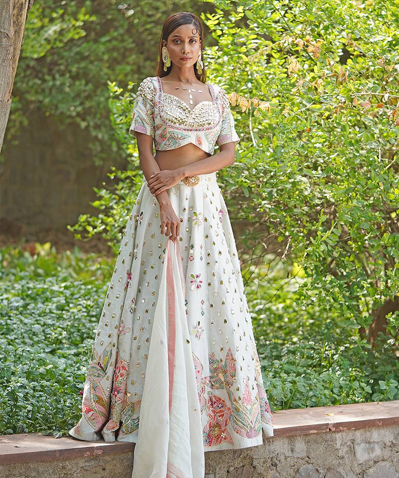 Ivory Embroidered Georgette Lehenga Set