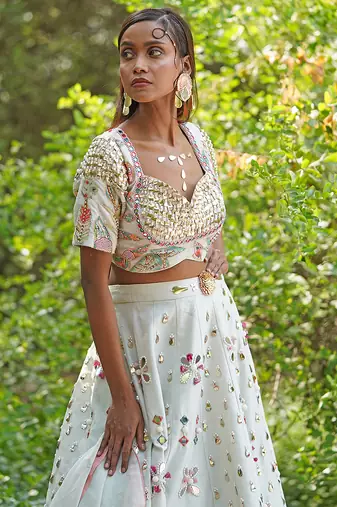 Ivory Embroidered Georgette Lehenga Set