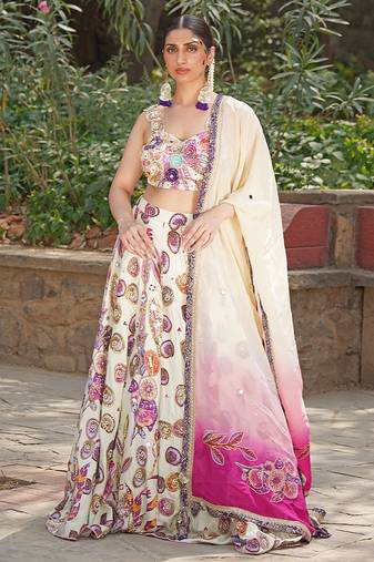 Off White Pink Embroidered Satin Lehenga Set