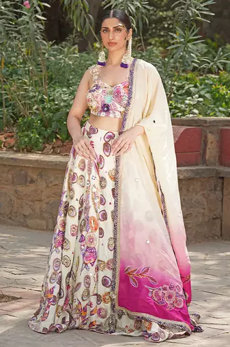 Off White Pink Embroidered Satin Lehenga Set
