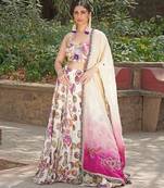 Off White Pink Embroidered Satin Lehenga Set
