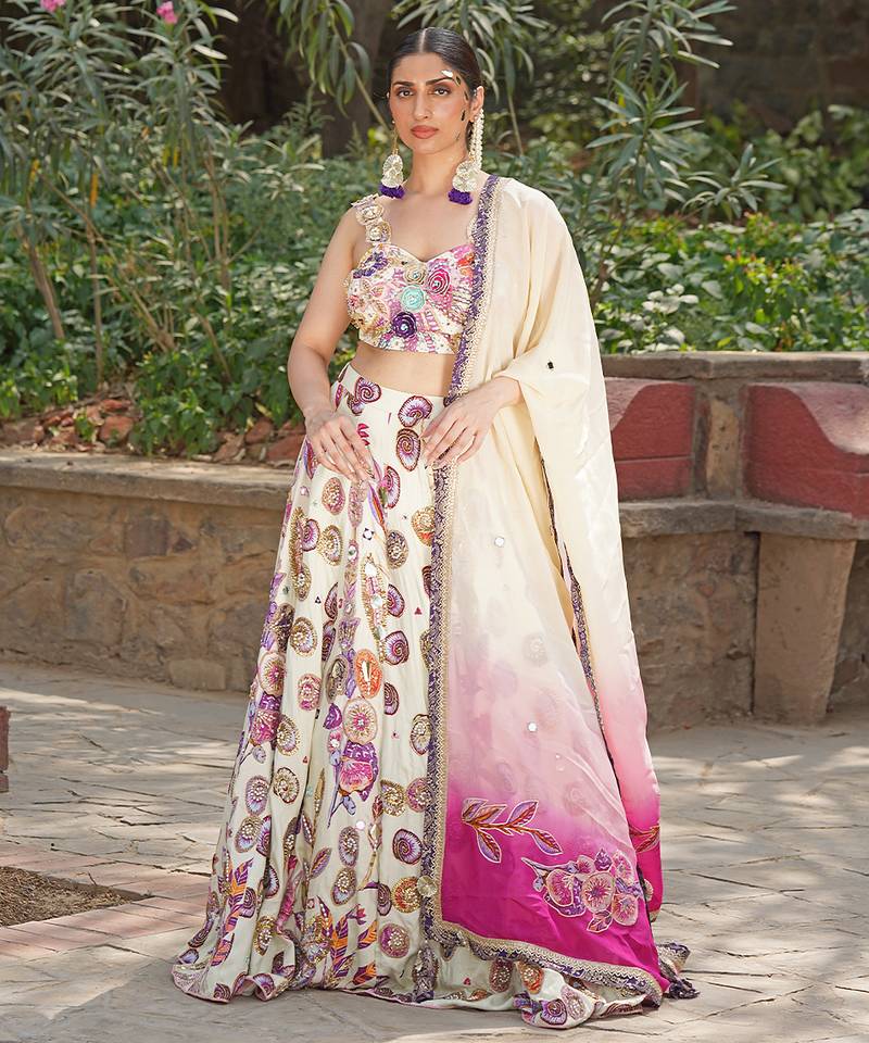 Off White Pink Embroidered Satin Lehenga Set