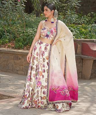 Off White Pink Embroidered Satin Lehenga Set 2