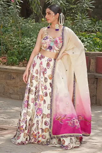 Off White Pink Embroidered Satin Lehenga Set