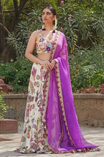 Ivory Magenta Embroidered Georgette Lehenga Set