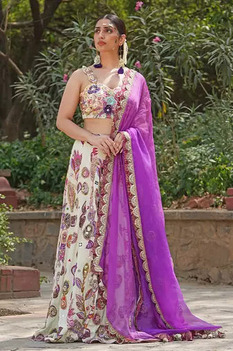 Ivory Magenta Embroidered Georgette Lehenga Set