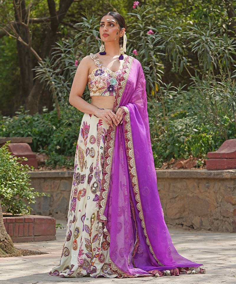 Ivory Magenta Embroidered Georgette Lehenga Set