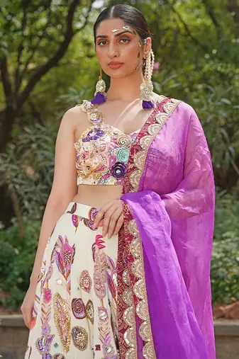 Ivory Magenta Embroidered Georgette Lehenga Set