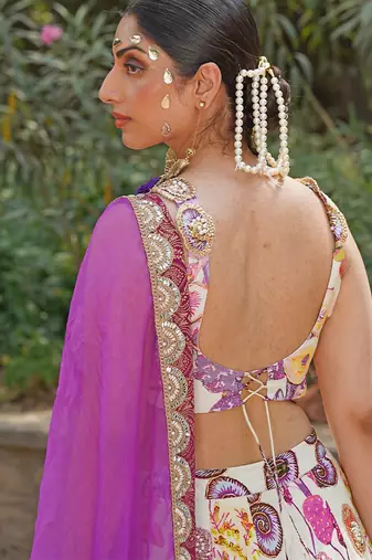 Ivory Magenta Embroidered Georgette Lehenga Set
