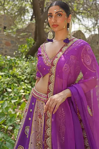 Magenta Pink Embroidered Silk Blend Lehenga Set