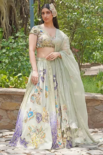 Sea Green Embroidered Crepe Lehenga Set