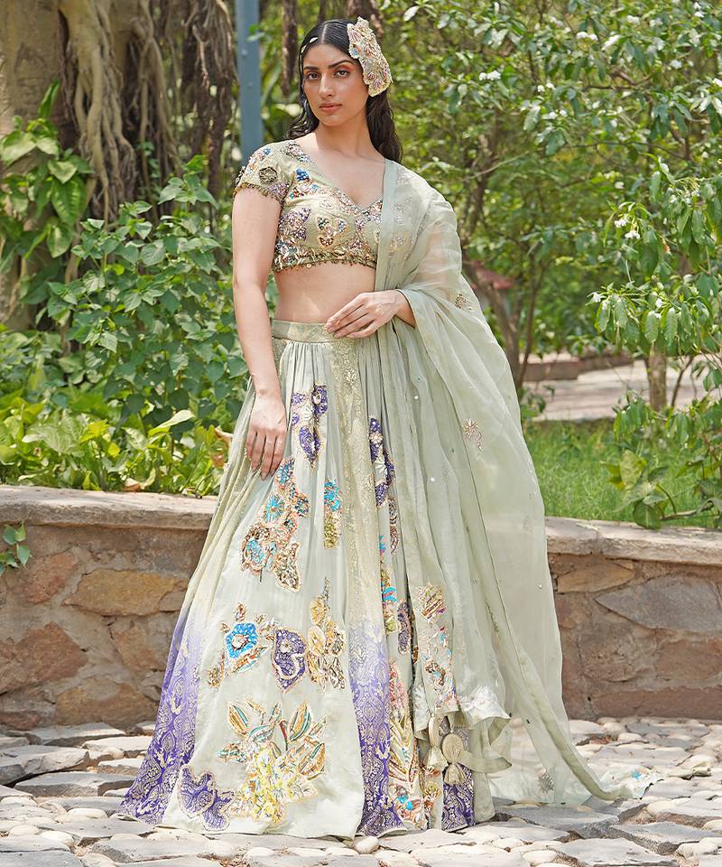 Sea Green Embroidered Crepe Lehenga Set