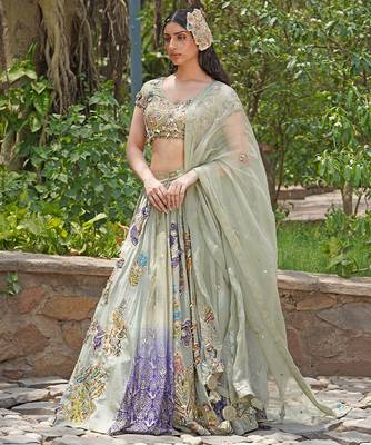 Sea Green Embroidered Crepe Lehenga Set 2