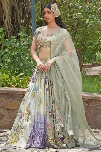 Sea Green Embroidered Crepe Lehenga Set
