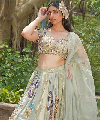 Sea Green Embroidered Crepe Lehenga Set 3