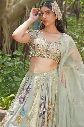 Sea Green Embroidered Crepe Lehenga Set
