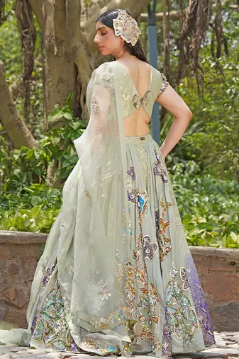 Sea Green Embroidered Crepe Lehenga Set