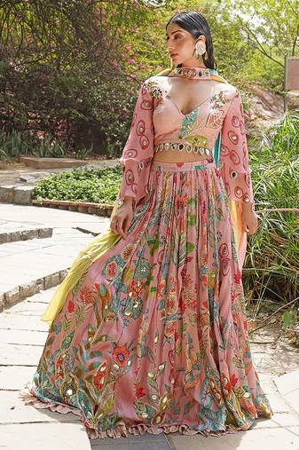 Blush Pink Embroidered Silk Blend Lehenga Set