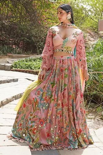 Blush Pink Embroidered Silk Blend Lehenga Set