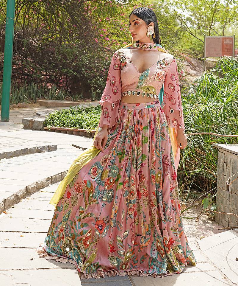 Blush Pink Embroidered Silk Blend Lehenga Set
